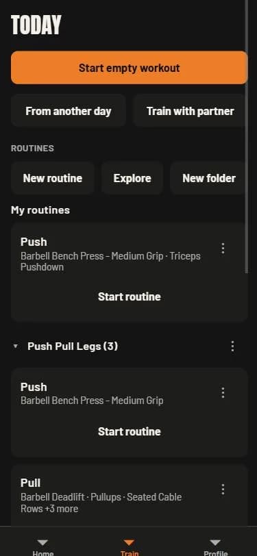 GameLiftEat Today screen with saved routines and controls to start your next workout