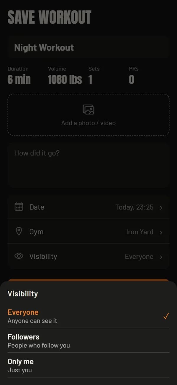 Workout visibility choices for sharing with everyone, followers or only you