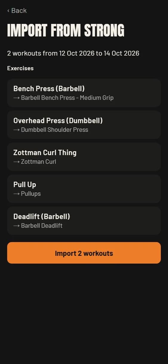 CSV import review showing exercise matches you can check before adding workout history