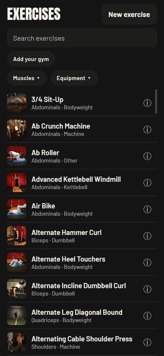 Exercise library with muscle and equipment filters to narrow the moves for your gym