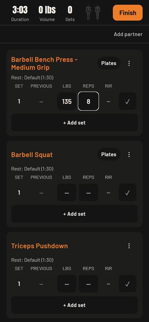 Workout logger with a Previous column beside weight and rep fields to help compare sets