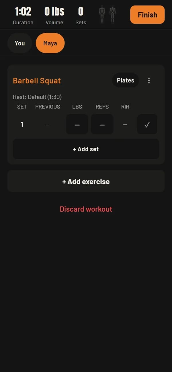 Partner logger with separate You and Maya tabs to keep two lifters' sets apart on one phone