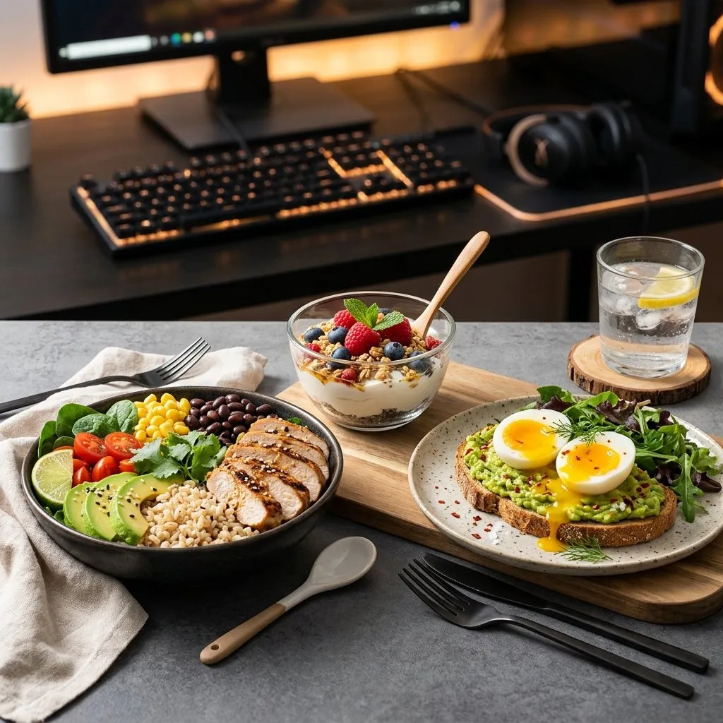 Chicken rice bowl, Greek yogurt parfait and avocado toast with eggs on a gaming desk